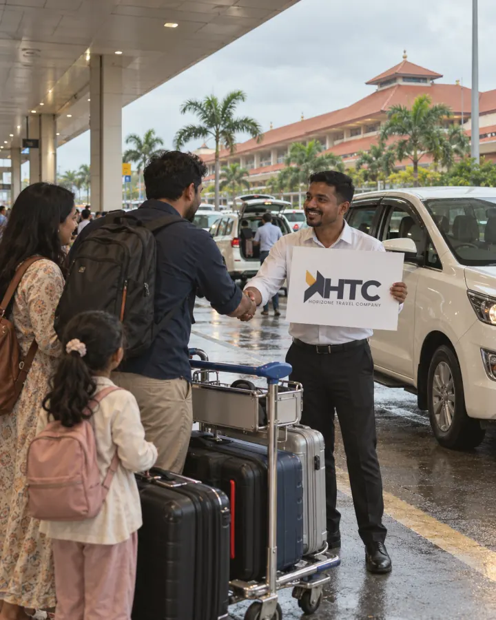 An HTC driver holding a Horizone Travel Company sign greets an arriving family outside Cochin International Airport