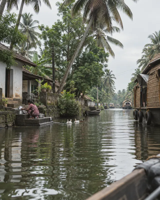A woman washing vessels on canal steps in Alappuzha, Kerala, a houseboat moored alongside