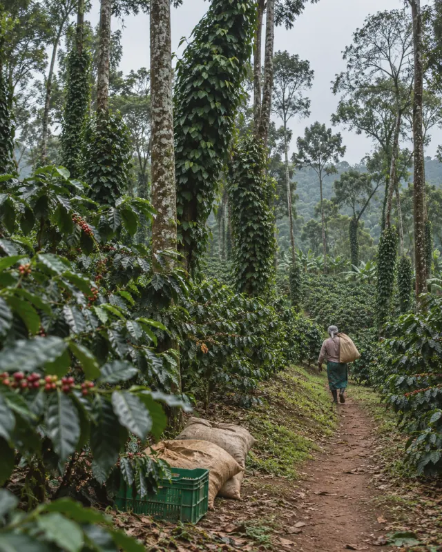 A coffee estate path under shade trees in Coorg, Karnataka