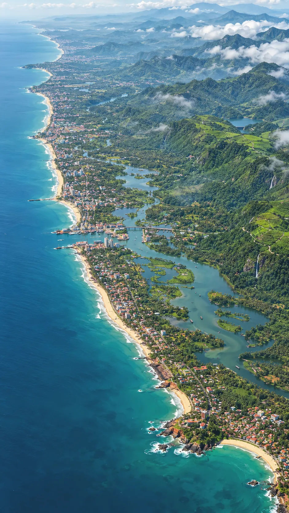 An aerial view of the Kerala coast, backwaters and Western Ghats, with places marked from Kasaragod to Kovalam