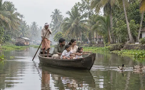 A family on a country boat on the Alappuzha backwaters