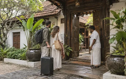 A couple arriving at a heritage home in Fort Kochi