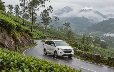 An HTC car with the company logo on its door on a hill road through the tea estates near Munnar