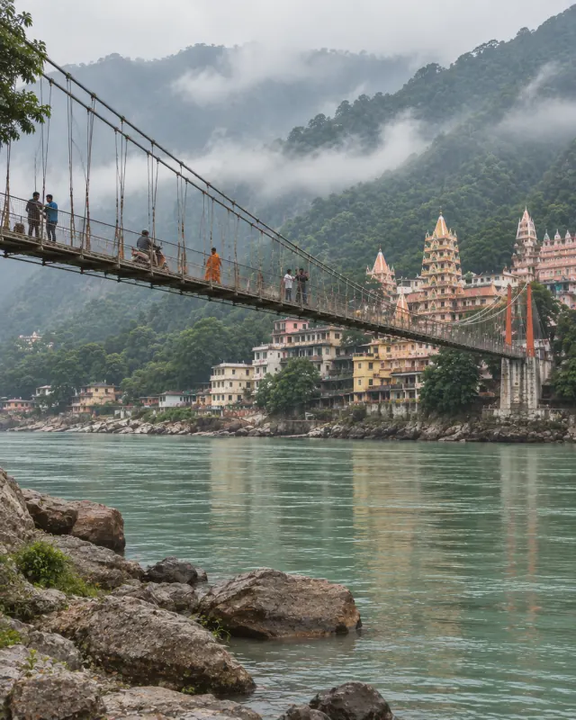 The Laxman Jhula suspension bridge over the Ganga at Rishikesh, Uttarakhand